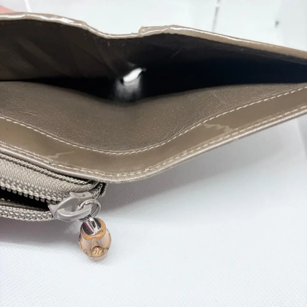 Gucci Bamboo Compact Zip Around Bifold Wallet Taupe Patent Leather